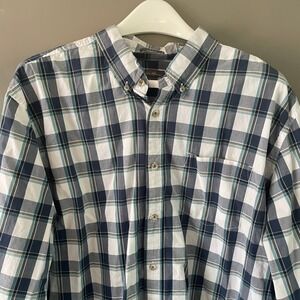 Eddie Bauer Mens TXL Classic Fit Plaid Button Down Shirt Blue White 100% Cotton